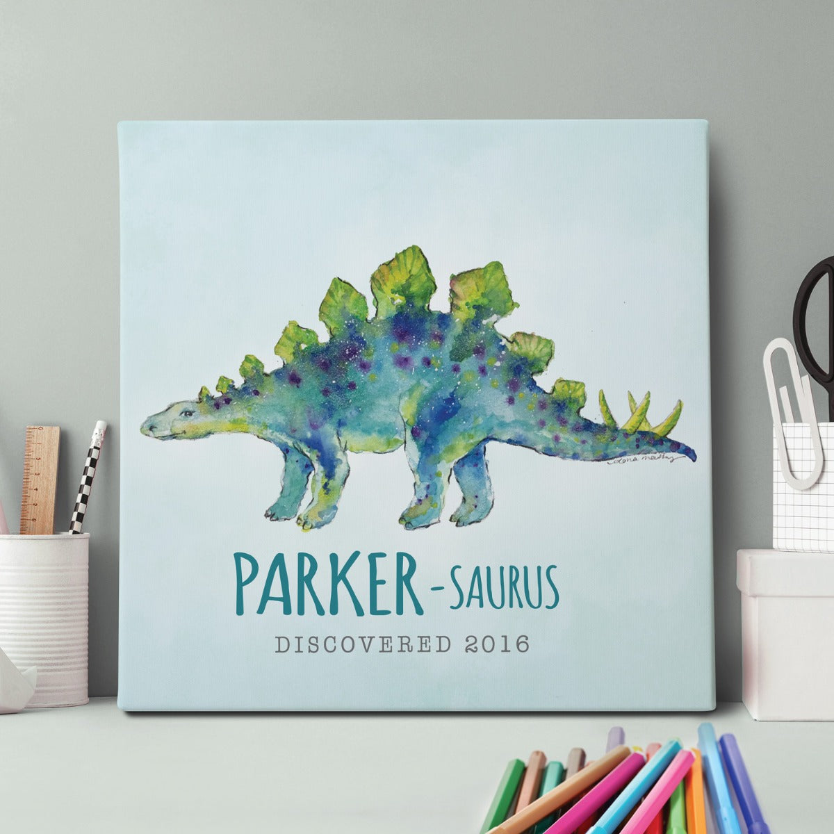 Dino-Name Blue Stegosaurus Personalized 12x12 Canvas