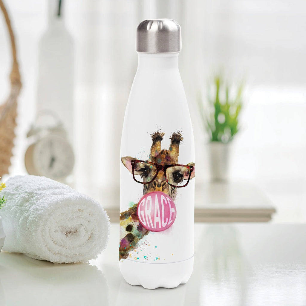 Bubble Gum Giraffe with Glasses Personalized Stainless Steel Water Bottle