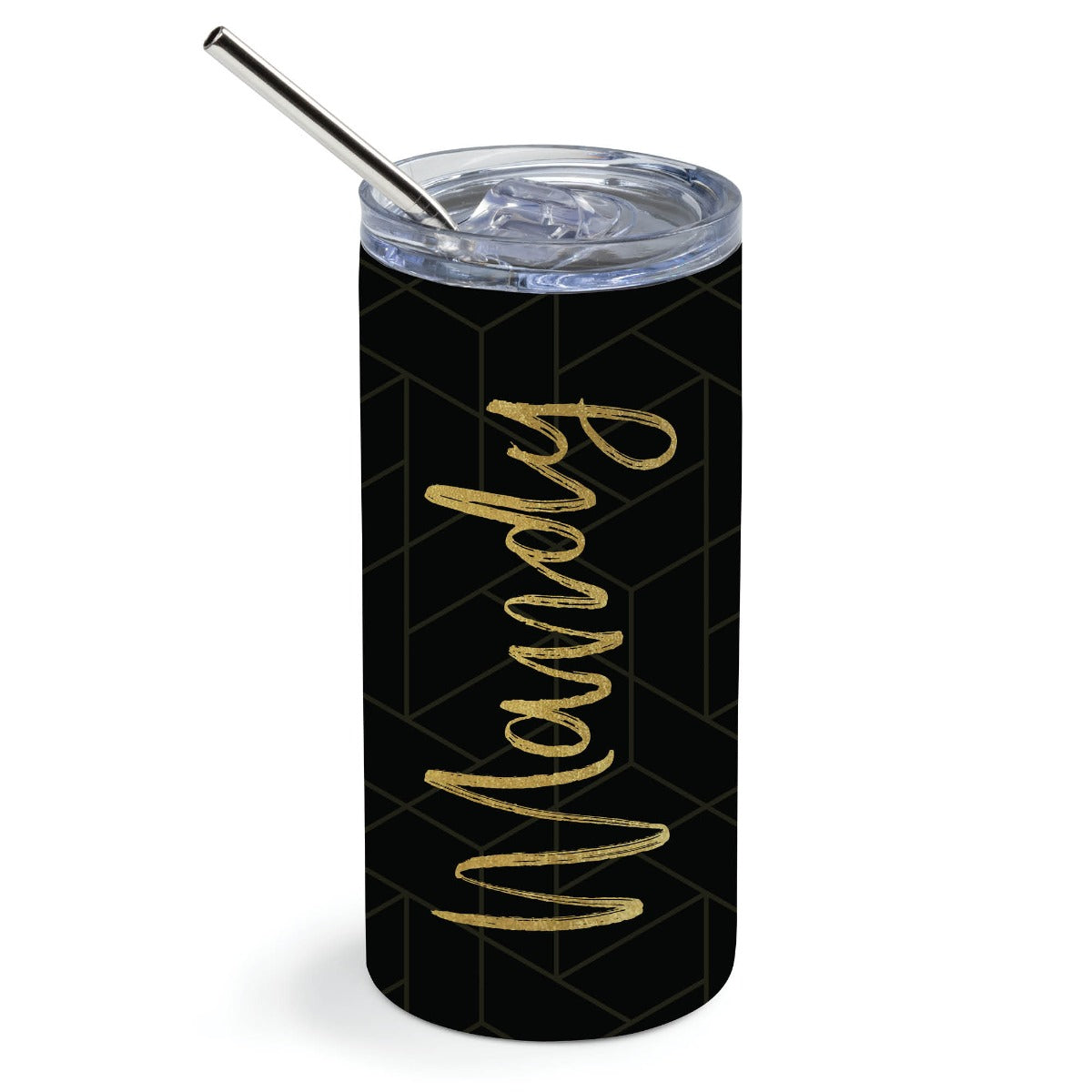 Black Geometric Pattern Stainless Steel Tumbler with Straw
