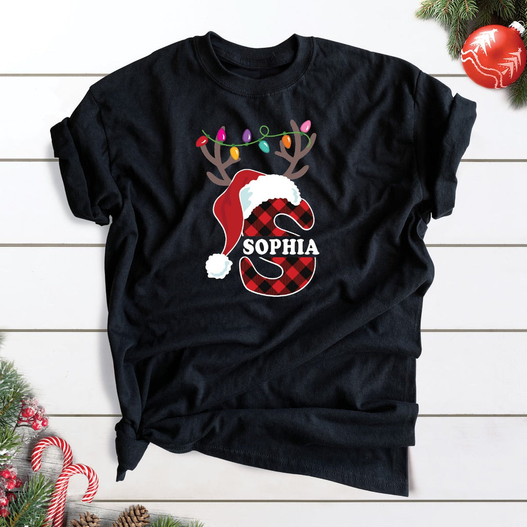 Santa Hat Antlers Initial with Name Black T-Shirt-Adult Large