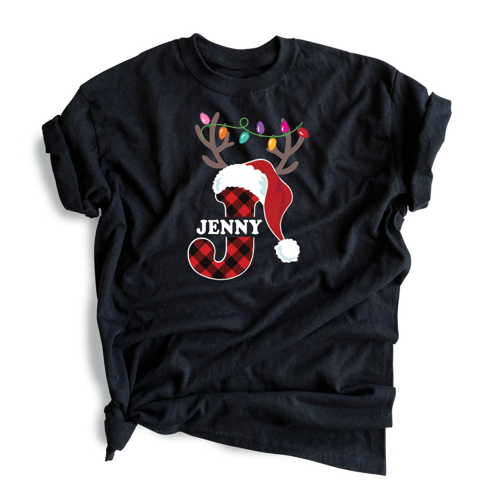 Santa Hat Antlers Initial with Name Black T-Shirt-Adult XLarge