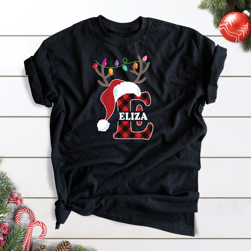 Santa Hat Antlers Initial with Name Black T-Shirt-Adult XXLarge