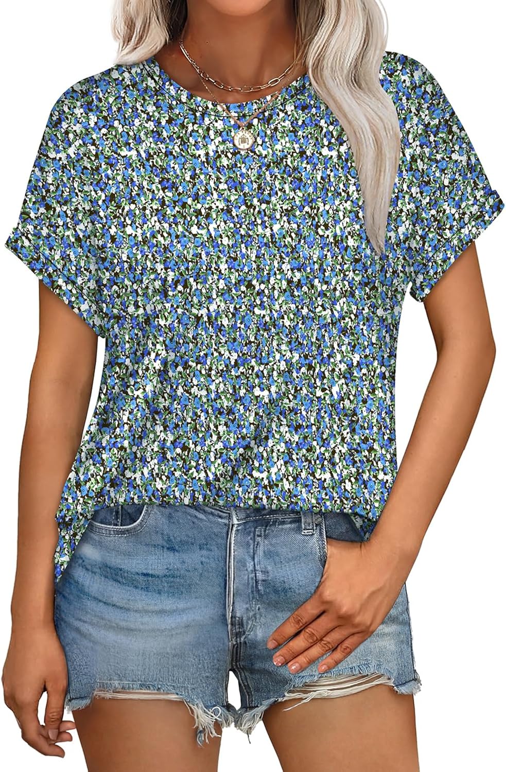 Womens T Shirts Crew Neck Rolled Short Sleeve Basic Summer Tops 2026 Casual Tees Curved Hem