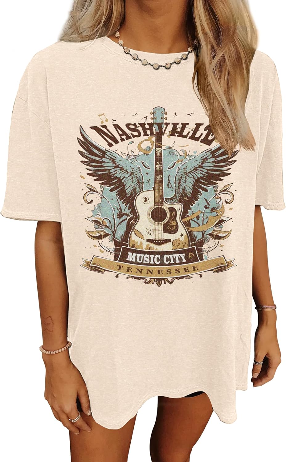 Women's Nashville Country Music City Oversized Graphic T-Shirts Casual Band Tees Short Sleeve Rock Roll Tops