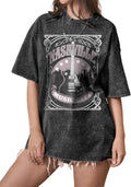 Womens Oversized Graphic Tees Acid Wash Nashville Band T Shirts Crewneck Loose Fit Music Concert Tops