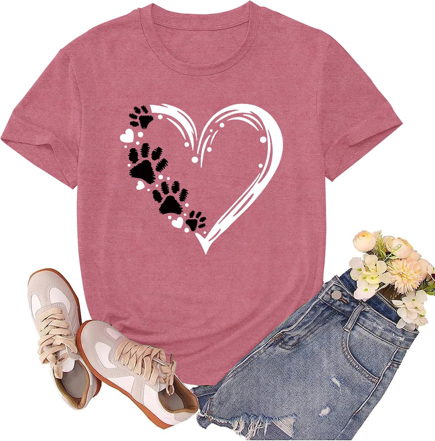 Dog Mom Shirts for Women Dog Lover Tshirts Cute Paw Love Heart Print Tee Tops