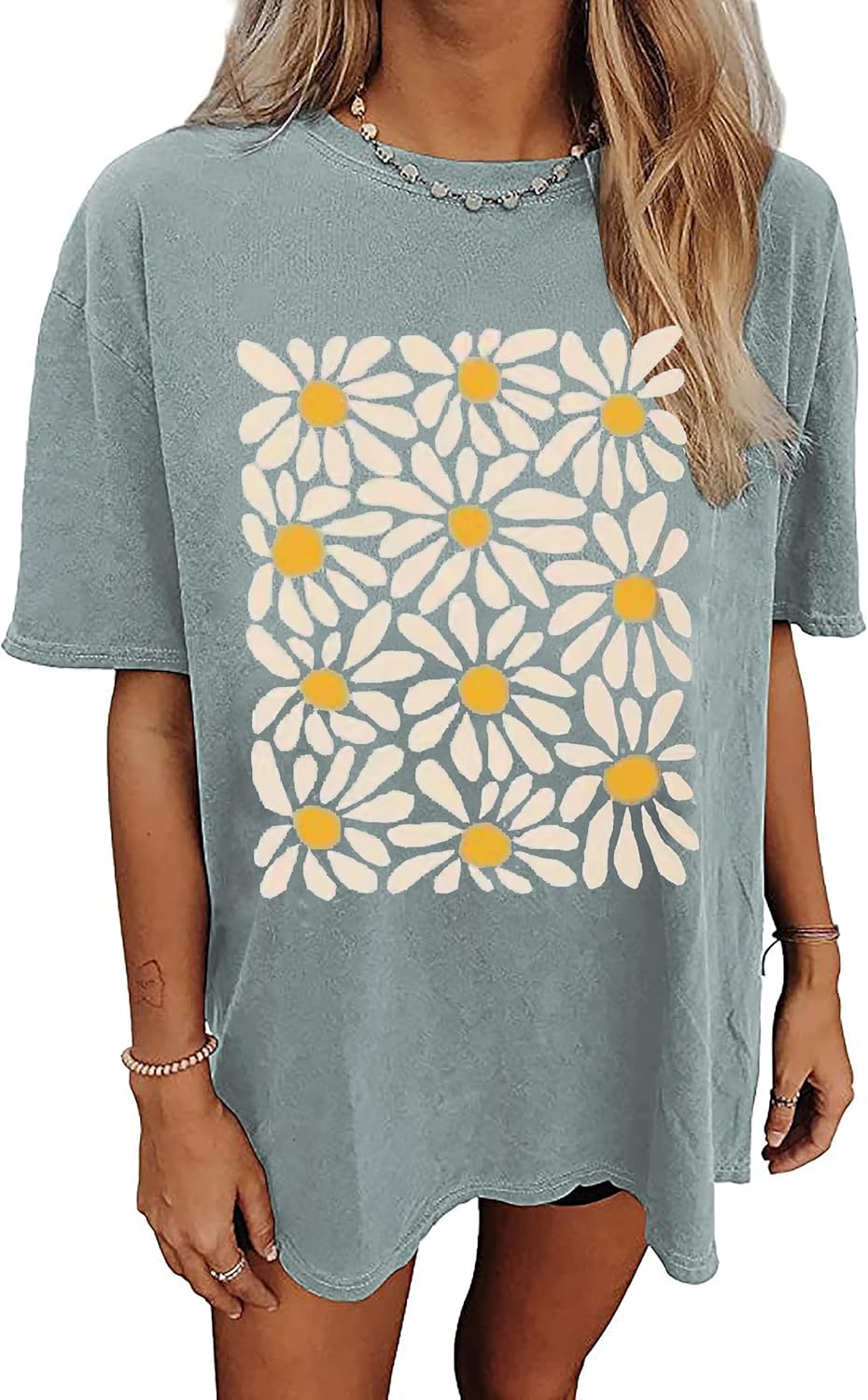Oversized Graphic T-Shirt for Women Vintage Floral Shirt Rock Band Music Guitar Tee Casual Holiday Cute Plant Tops