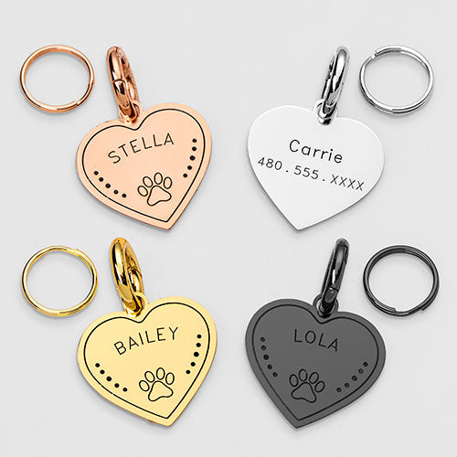 Stainless Steel Personalized Engraved Heart with Paw-Print Pet Tag