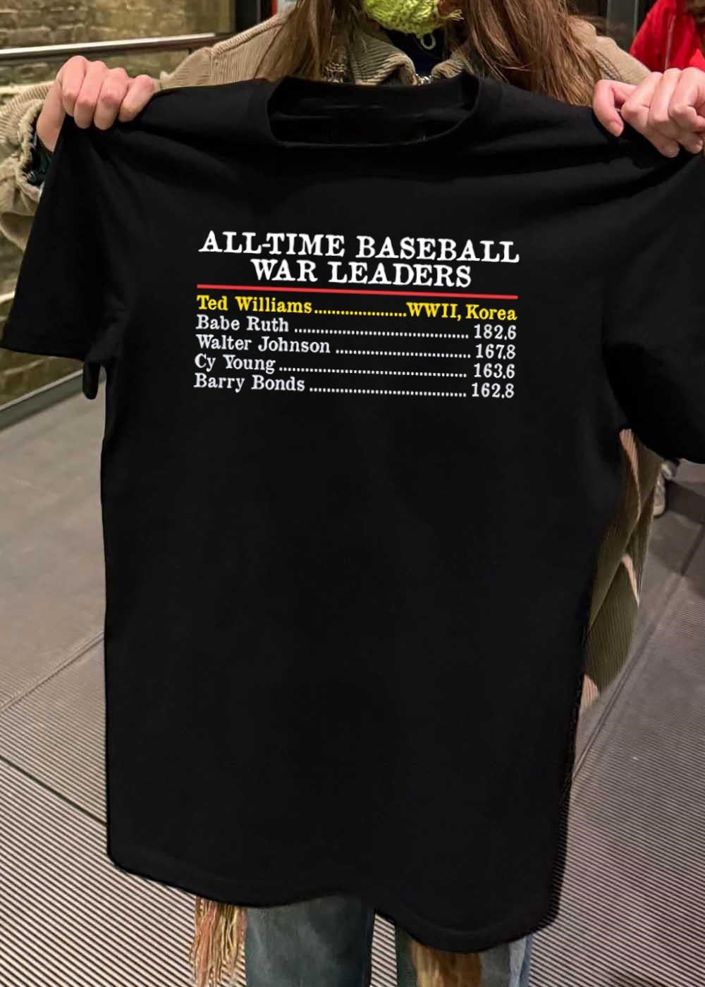 All-Time Baseball WAR Leaders Ted Williams WWII Korea Babe Ruth 182.6 Walter Johnson 167.8 Cy Young 163.6 Barry Bonds 162.8 T-Shirt