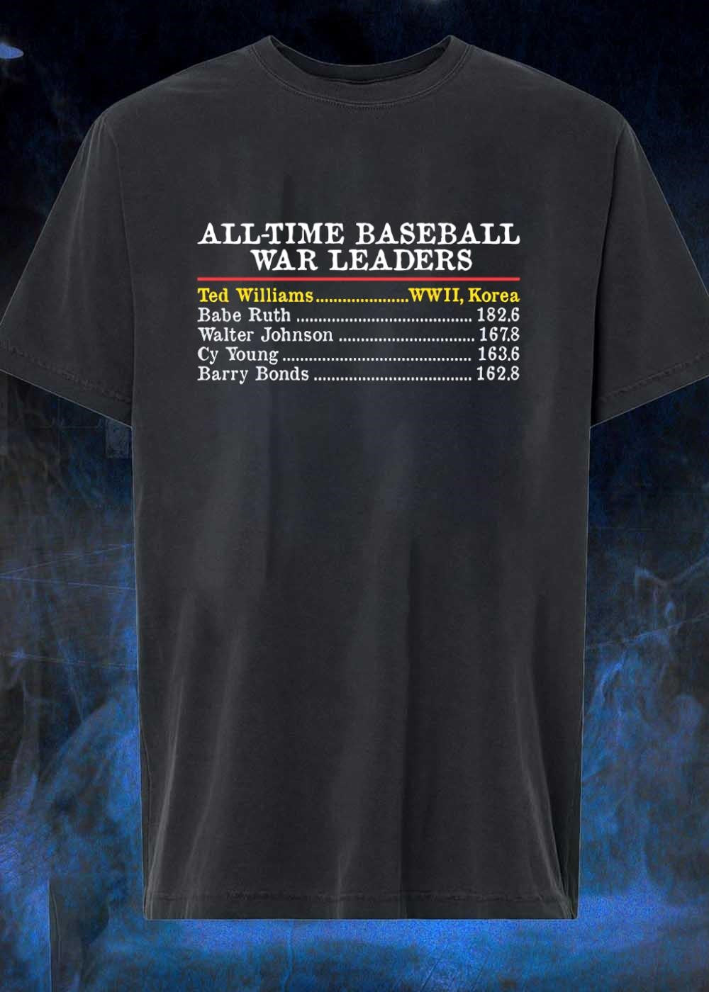 All-Time Baseball WAR Leaders Ted Williams WWII Korea Babe Ruth 182.6 Walter Johnson 167.8 Cy Young 163.6 Barry Bonds 162.8 T-Shirt