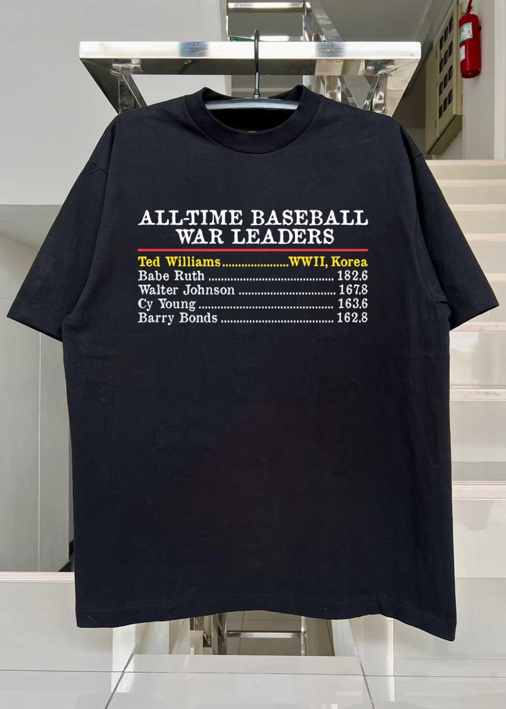 All-Time Baseball WAR Leaders Ted Williams WWII Korea Babe Ruth 182.6 Walter Johnson 167.8 Cy Young 163.6 Barry Bonds 162.8 T-Shirt