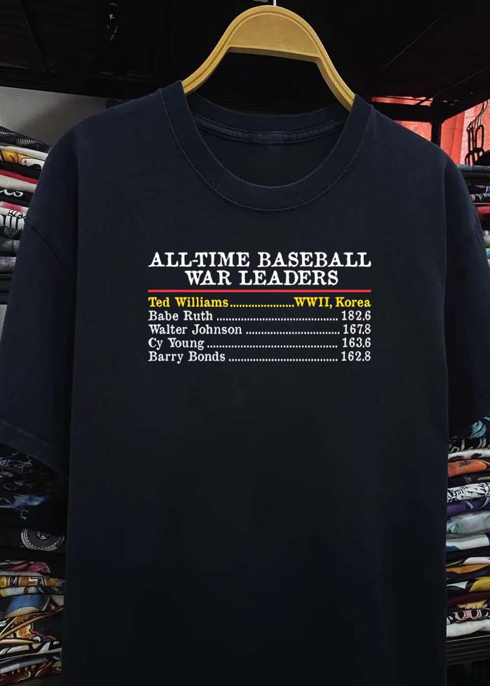 All-Time Baseball WAR Leaders Ted Williams WWII Korea Babe Ruth 182.6 Walter Johnson 167.8 Cy Young 163.6 Barry Bonds 162.8 T-Shirt