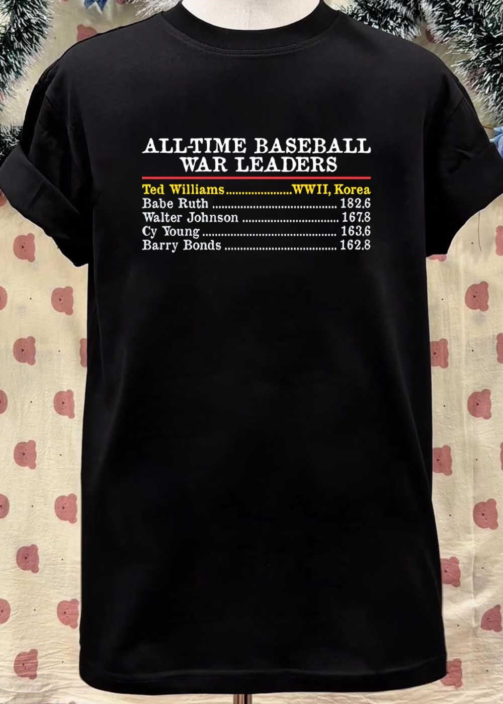 All-Time Baseball WAR Leaders Ted Williams WWII Korea Babe Ruth 182.6 Walter Johnson 167.8 Cy Young 163.6 Barry Bonds 162.8 T-Shirt
