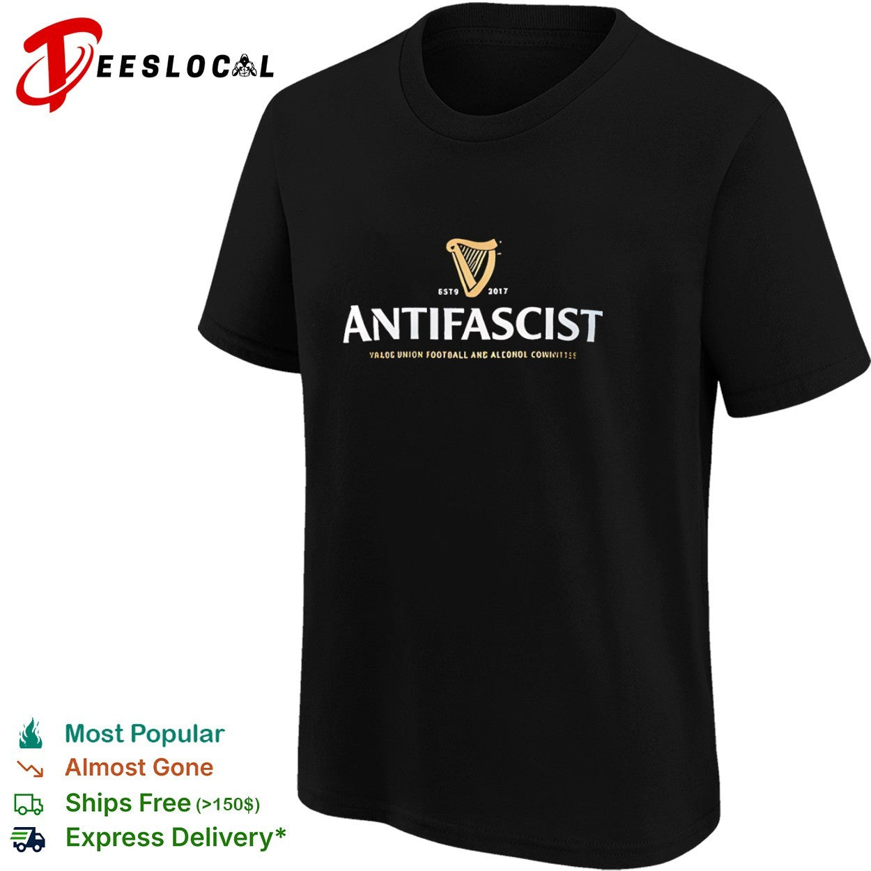 Antifascist trade union football and alcohol committee harp logo shirt