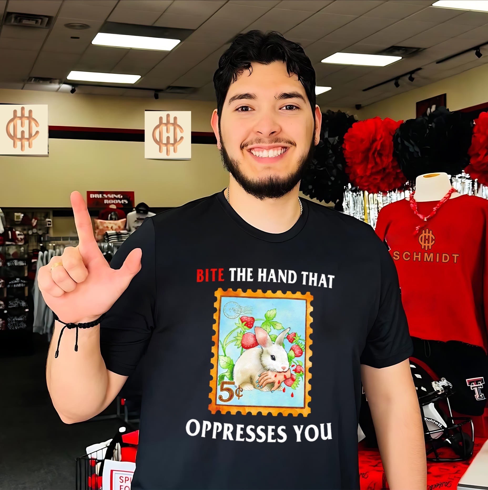 Bite the Hand That Oppresses You Rabbit Strawberry Stamp shirt