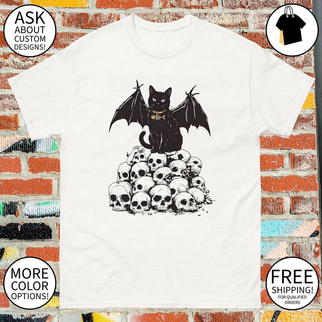 Black Bat Human Skulls Bone Fish Charm Shirt