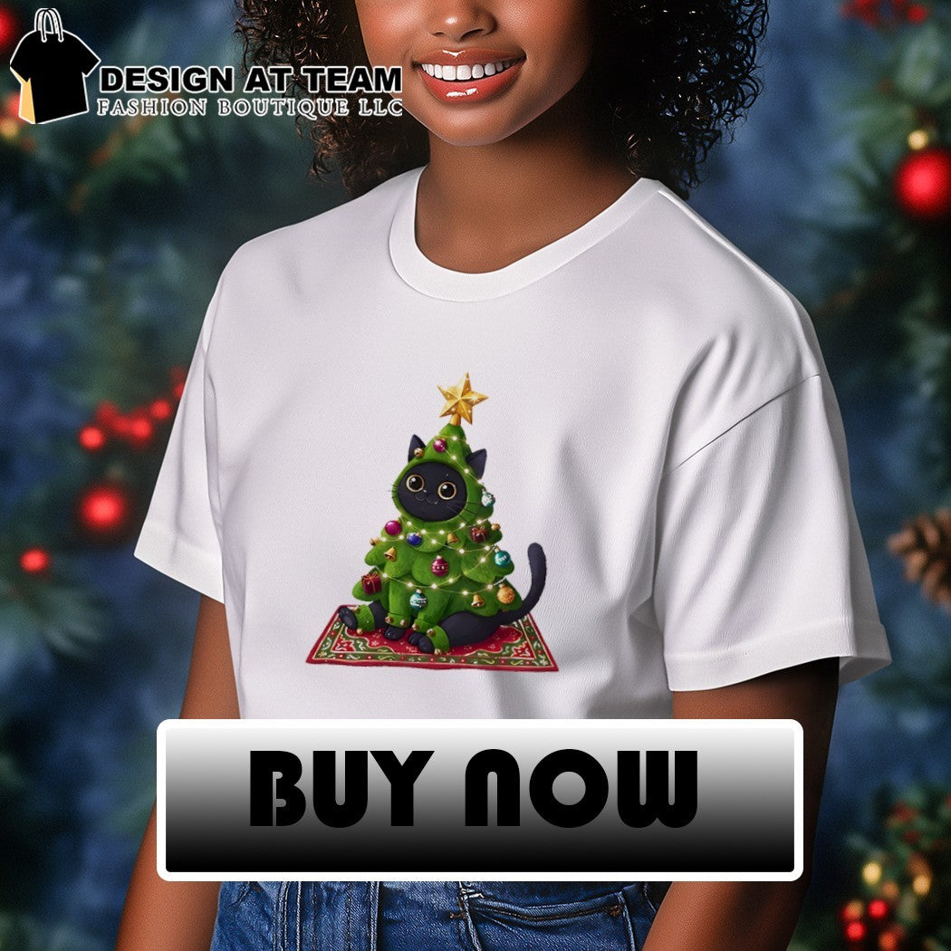 Black Cat Christmas Tree Costume Rug Outfit Presents Ornaments Star Festive Shirt