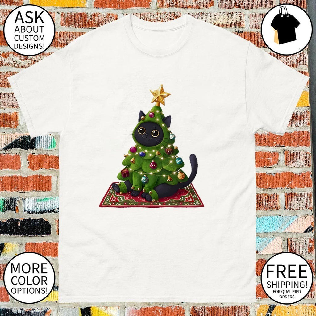 Black Cat Christmas Tree Costume Rug Outfit Presents Ornaments Star Festive Shirt