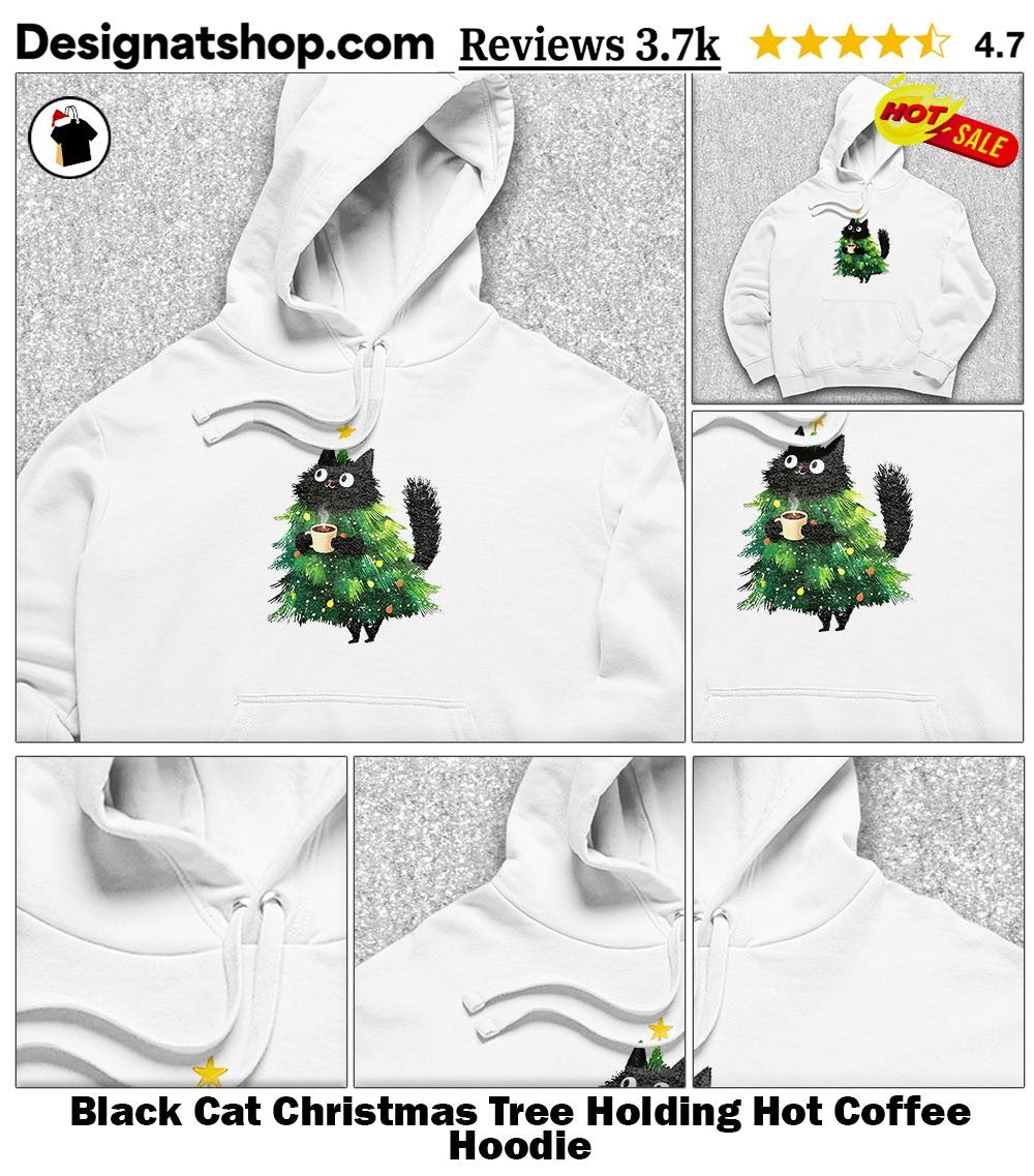 Black Cat Christmas Tree Holding Hot Coffee shirt