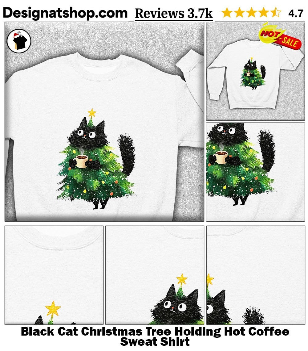 Black Cat Christmas Tree Holding Hot Coffee shirt