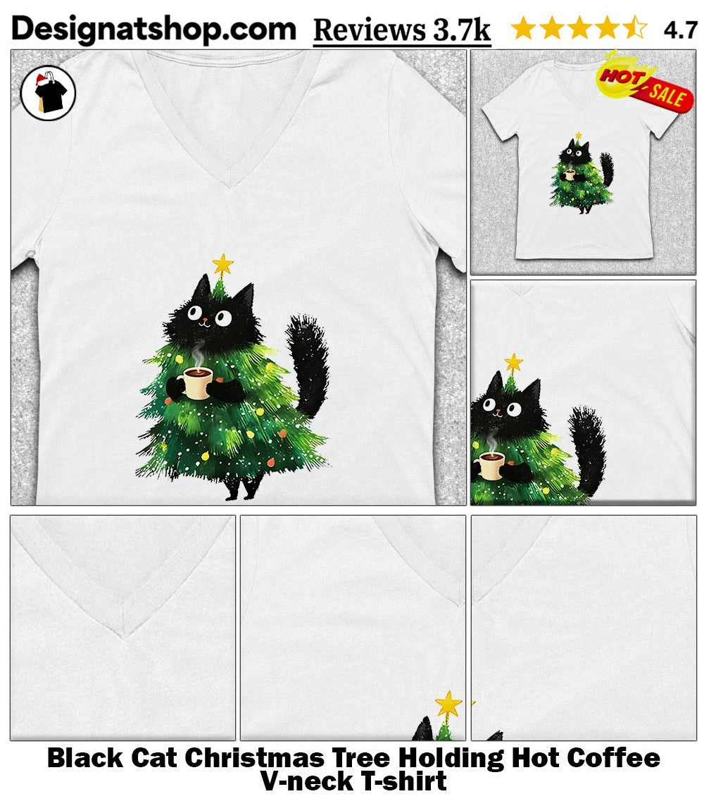 Black Cat Christmas Tree Holding Hot Coffee shirt