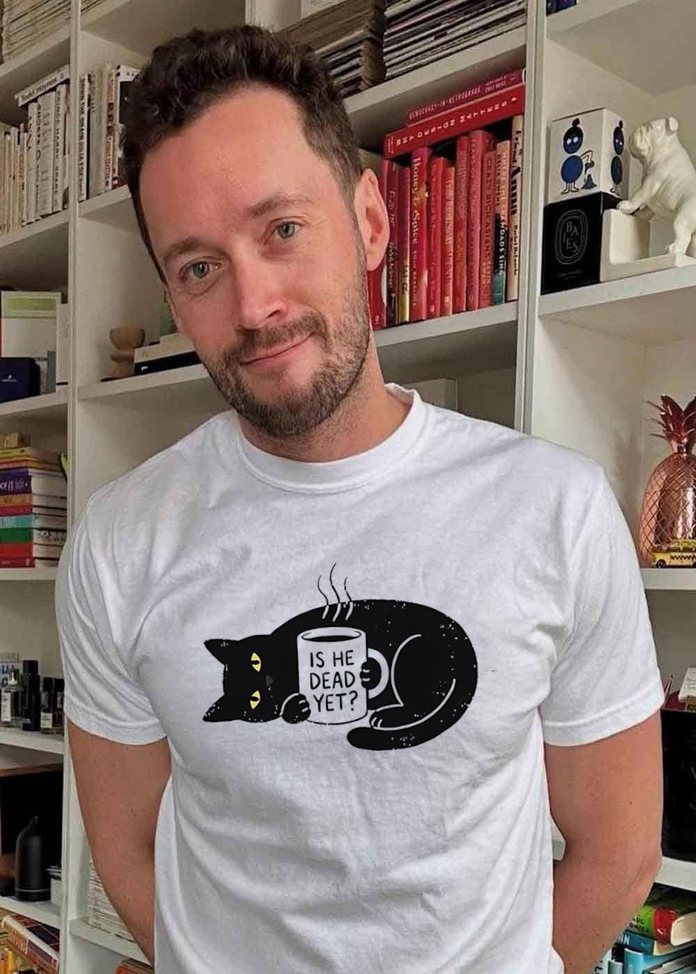 Black Cat Holding Is He Dead Yet Coffee Mug T-Shirt
