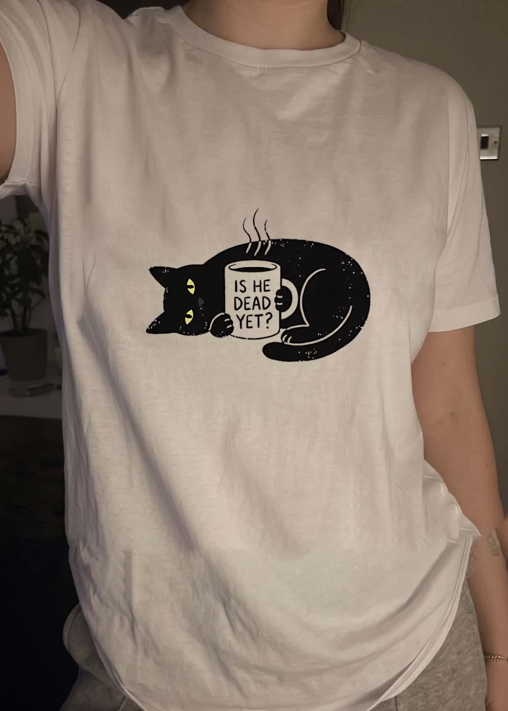 Black Cat Holding Is He Dead Yet Coffee Mug T-Shirt