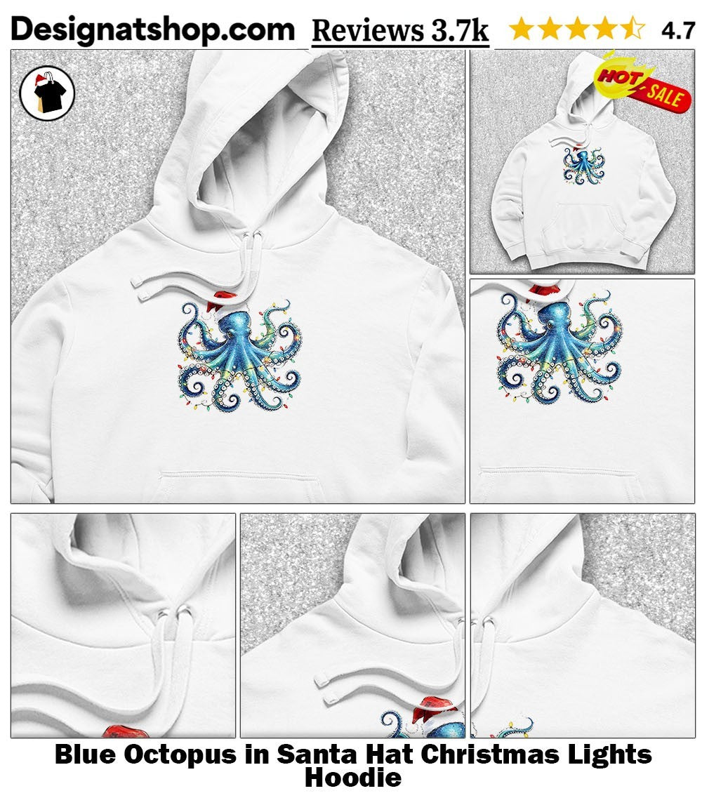 Blue Octopus in Santa Hat Christmas Lights shirt