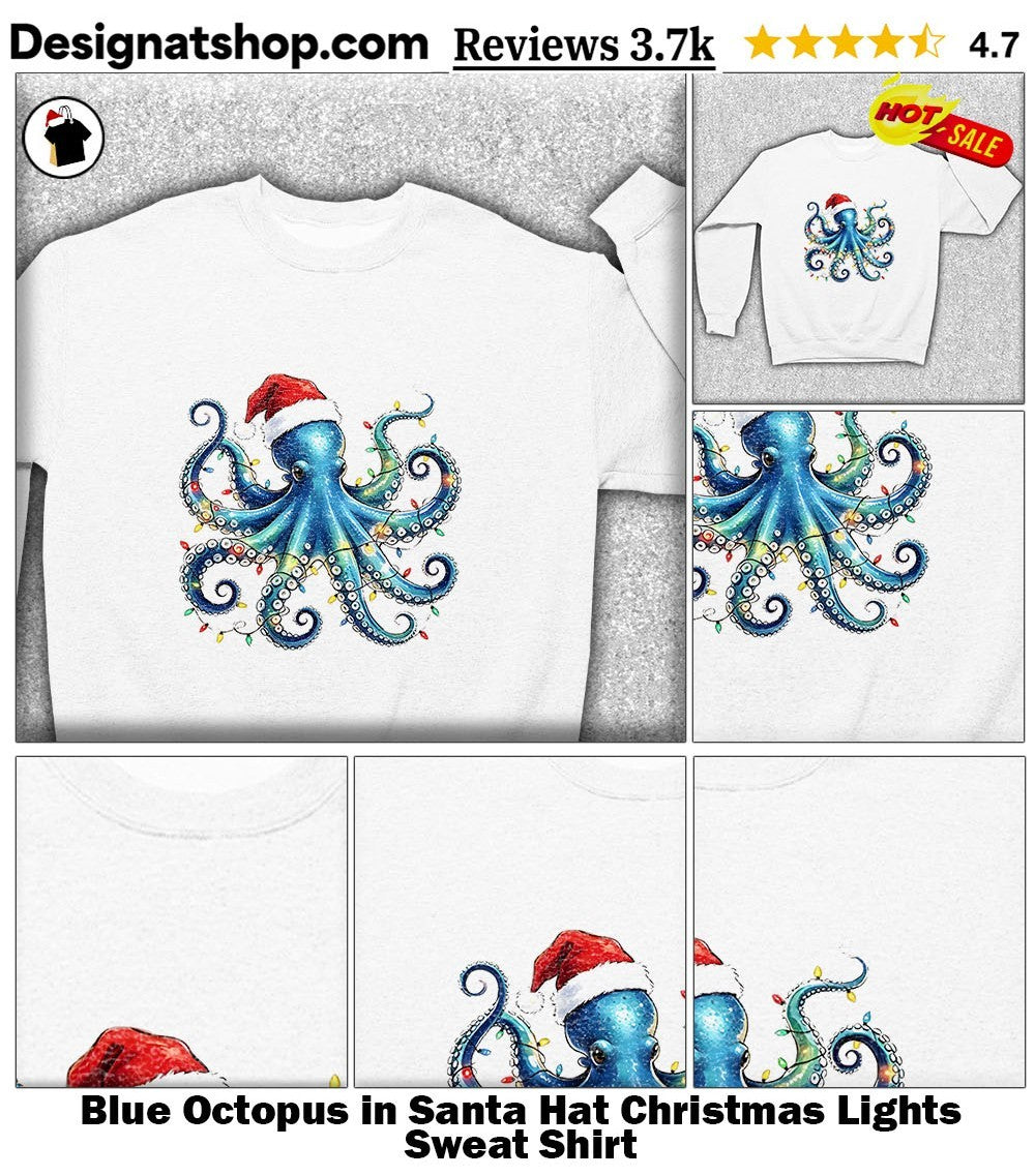 Blue Octopus in Santa Hat Christmas Lights shirt
