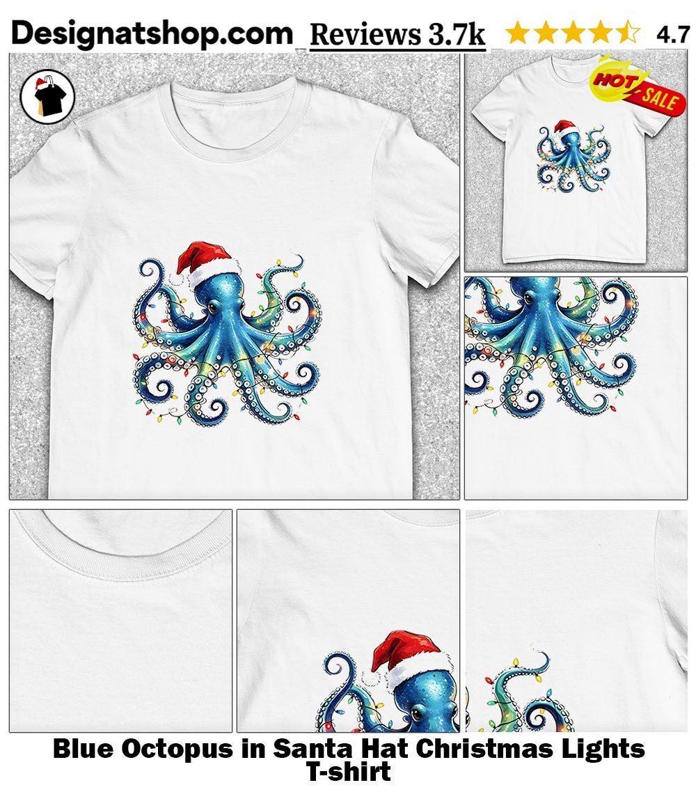 Blue Octopus in Santa Hat Christmas Lights shirt