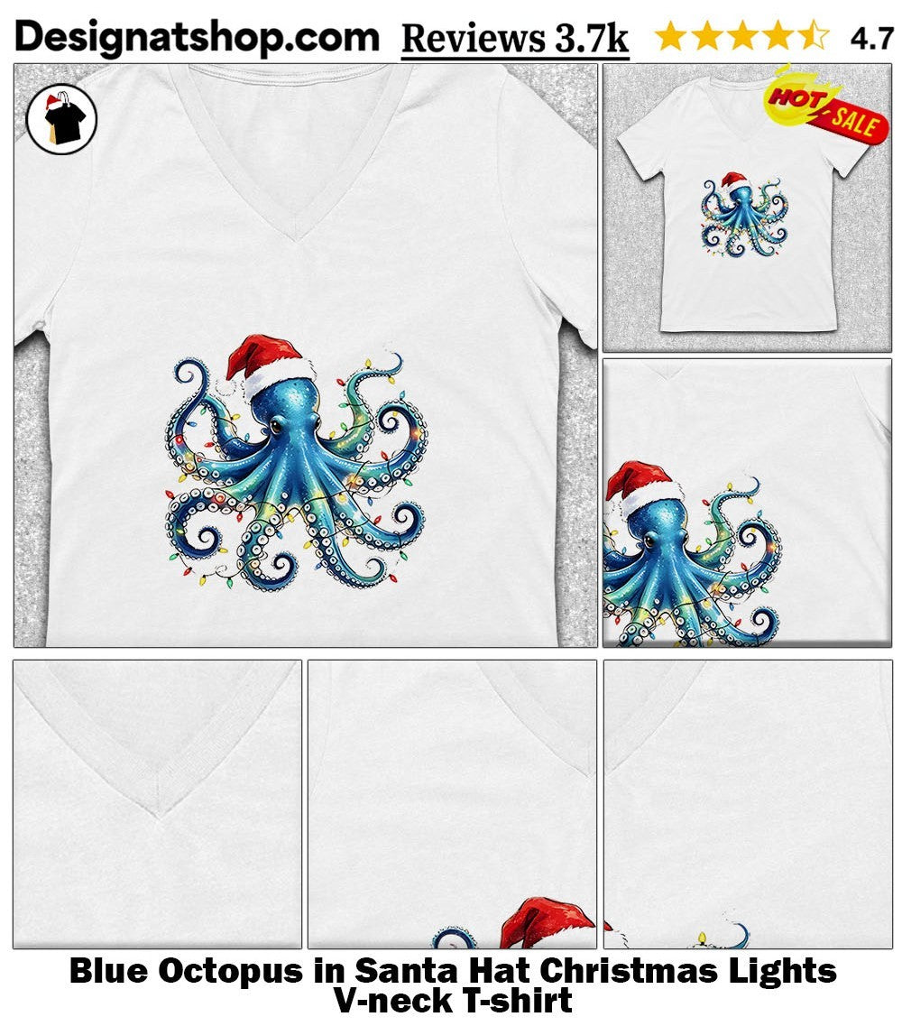 Blue Octopus in Santa Hat Christmas Lights shirt