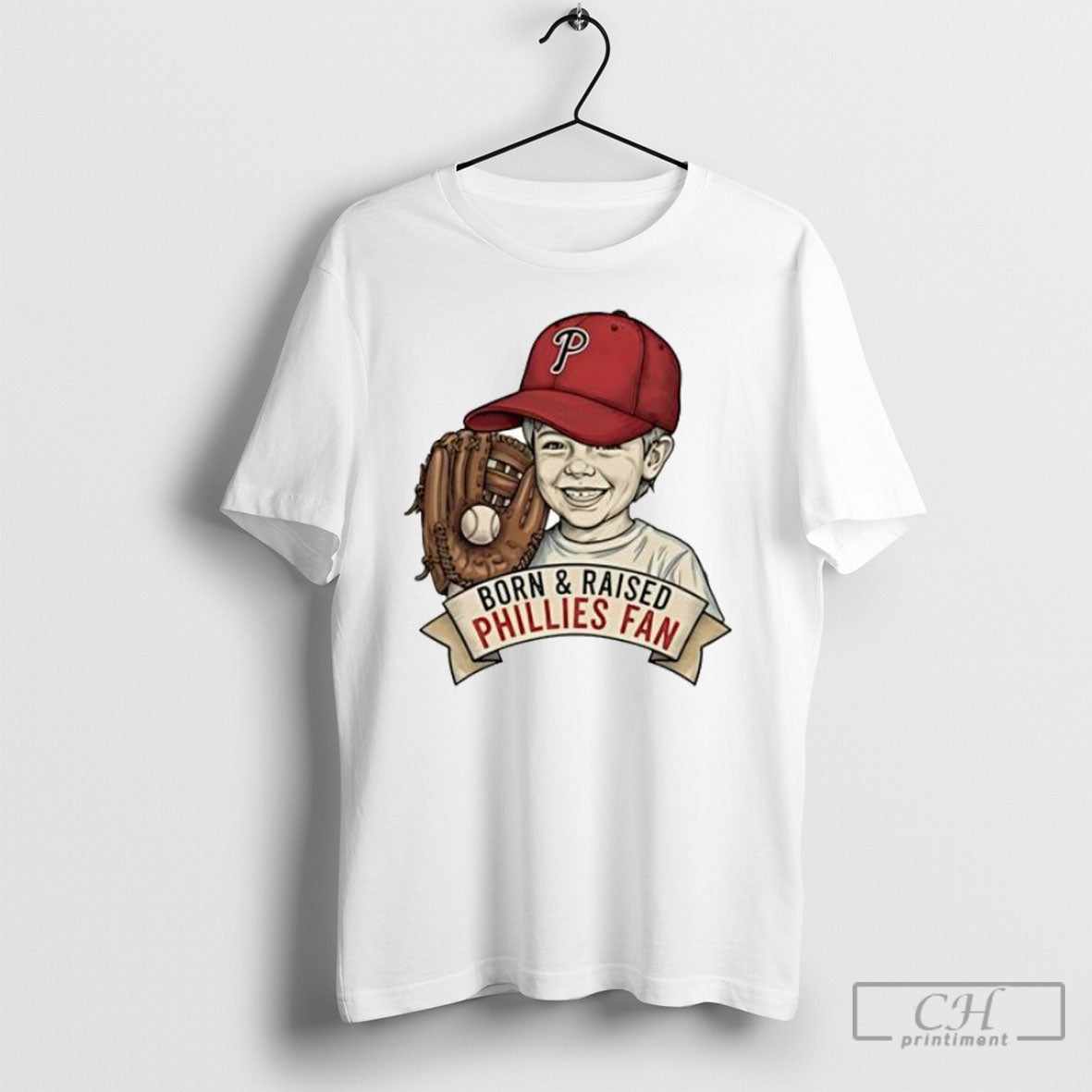 Born And Raised Phillies Fan Young Kid Baseball Glove Posters White Shirt