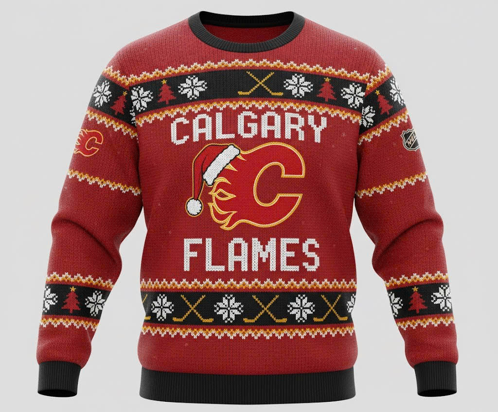Calgary Flames NHL Ugly Christmas Sweater – Red & Gold “Flames” Holiday Knit