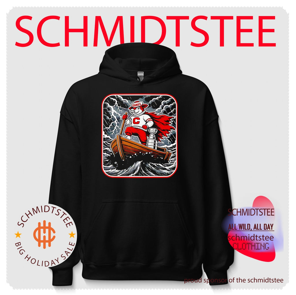 Carolina Hurricanes mascot on boat with Stanley Cup 2026 Champions shirt