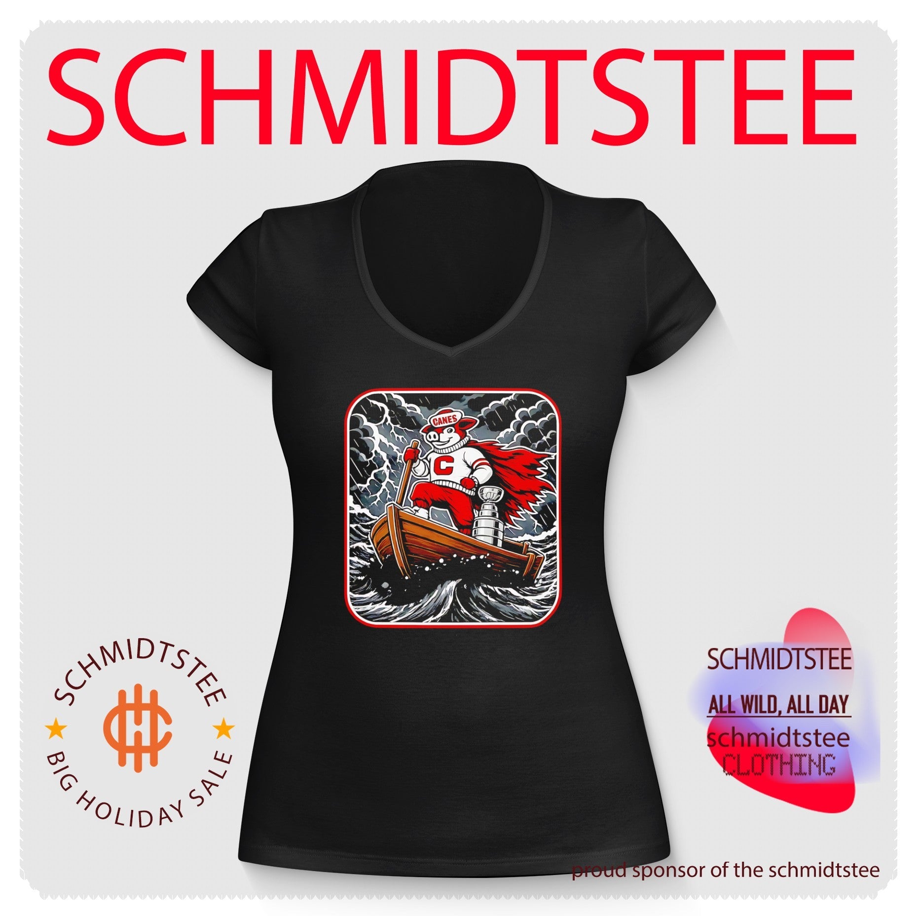 Carolina Hurricanes mascot on boat with Stanley Cup 2026 Champions shirt