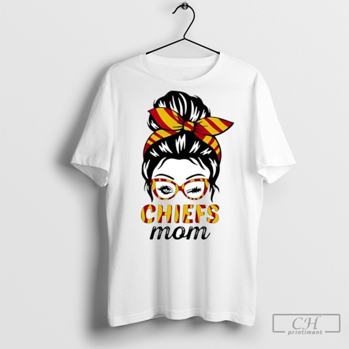 Chiefs Mom Winking Eye Messy Bun Leopard Print Football Posters White Shirt