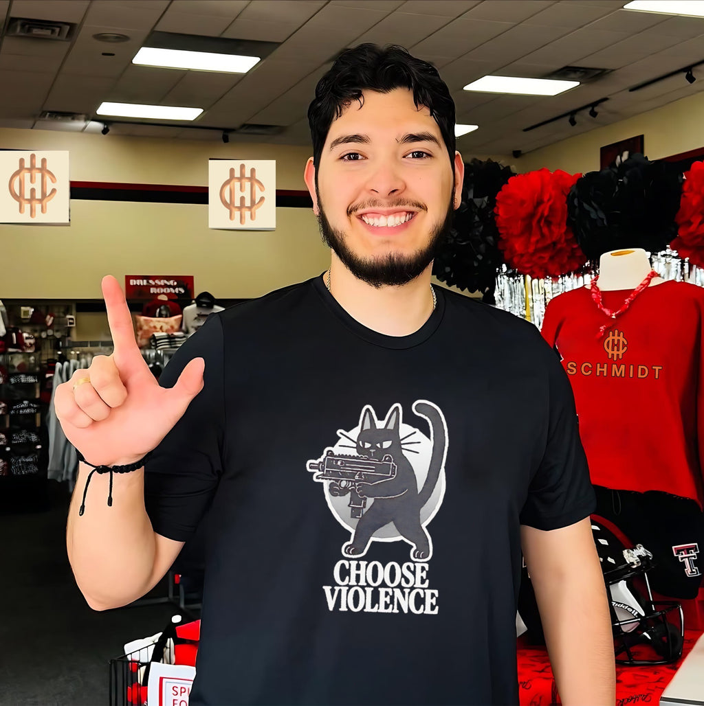 Choose Violence Black Cat with Uzi edgy humor shirt