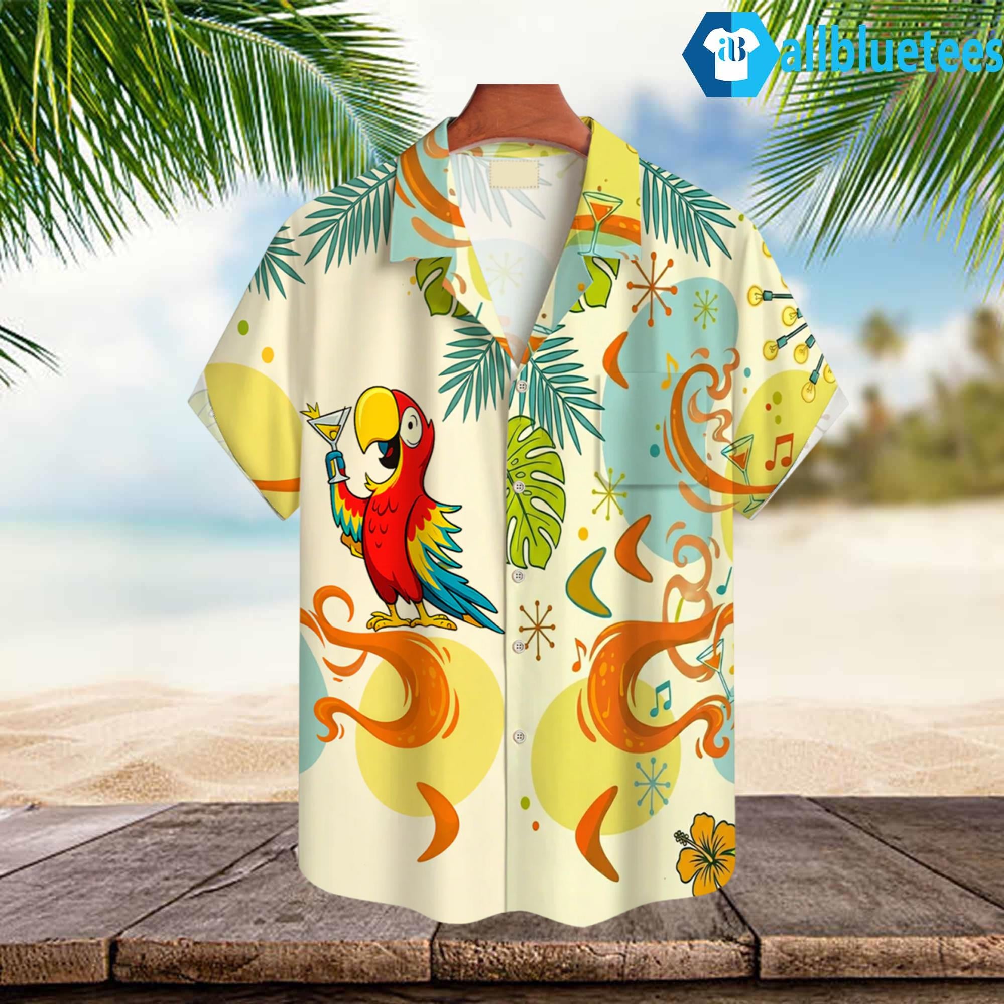 Cocktail Parrot Hibiscus Hawaiian Shirt