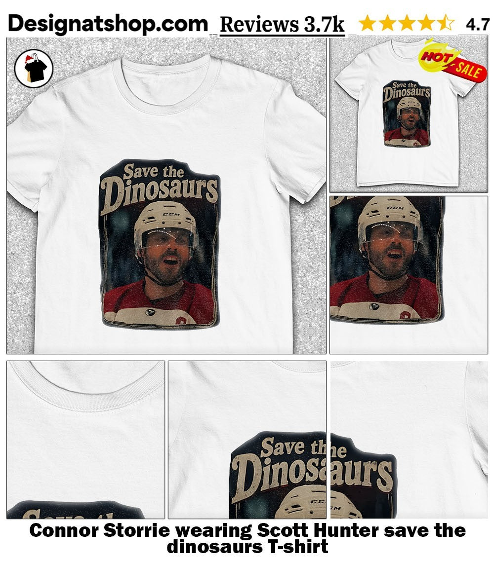 Connor Storrie wearing Scott Hunter save the dinosaurs shirt