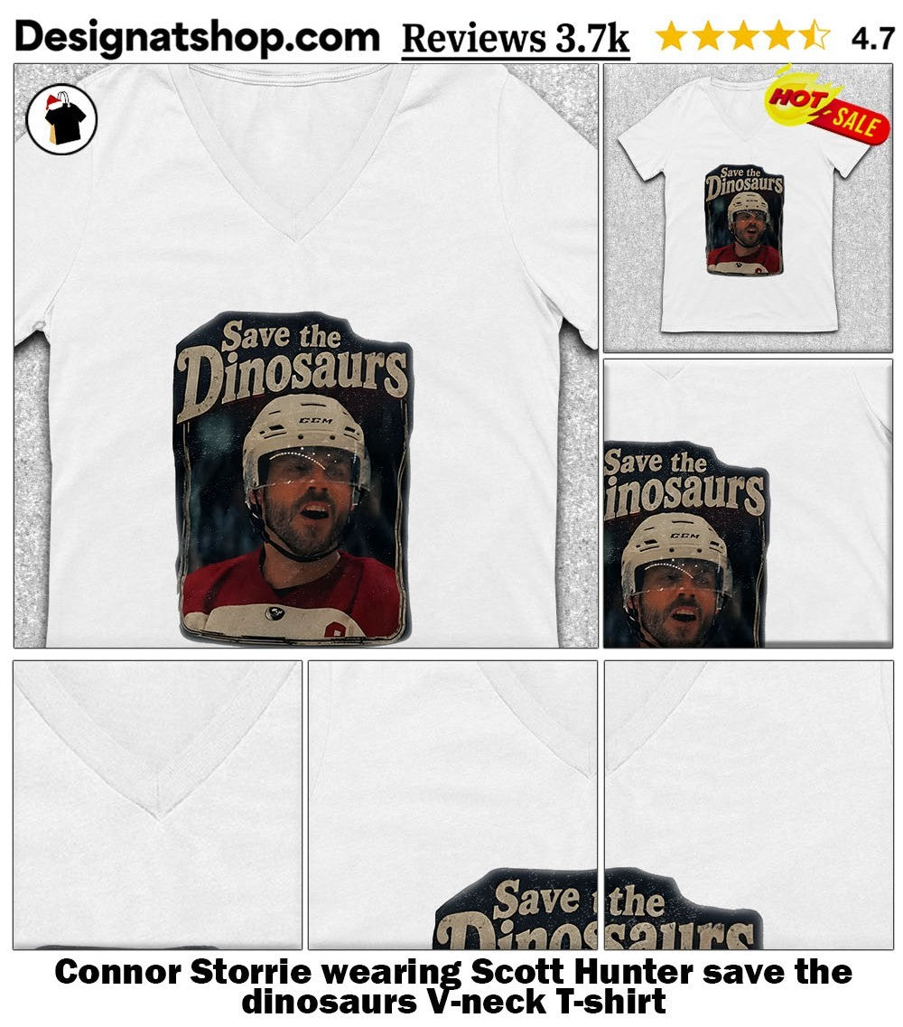 Connor Storrie wearing Scott Hunter save the dinosaurs shirt