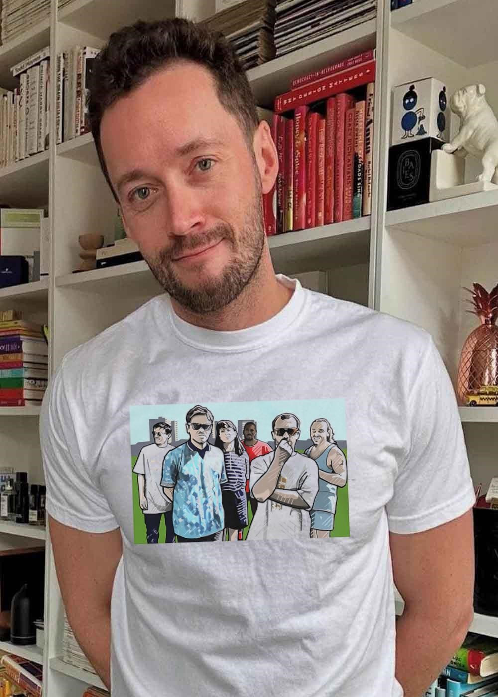 Day One Mo Graphic Group Portrait With Cityscape Custom Printed T-Shirt