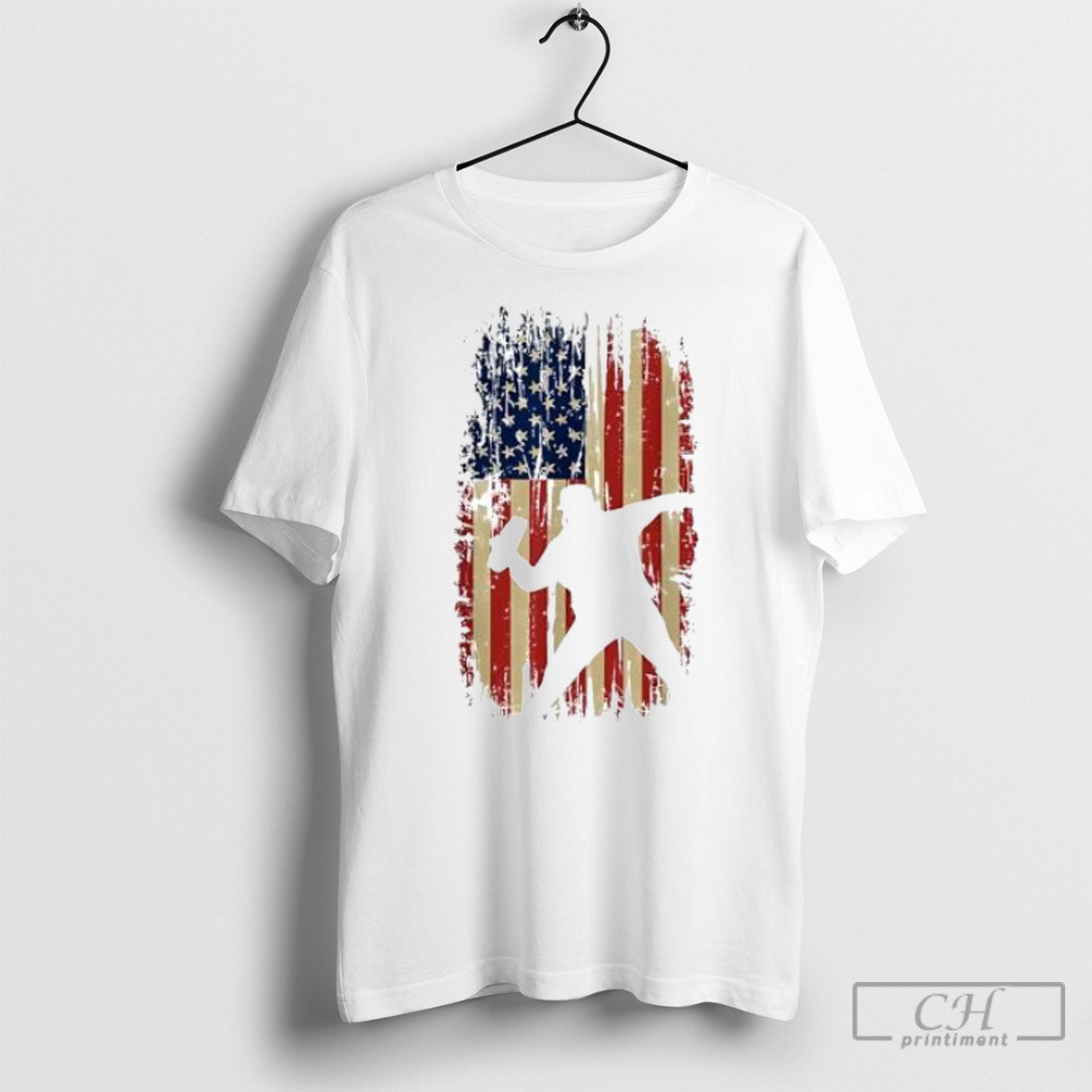 Distressed American Flag Baseball Pitcher Silhouette Shirt Tee