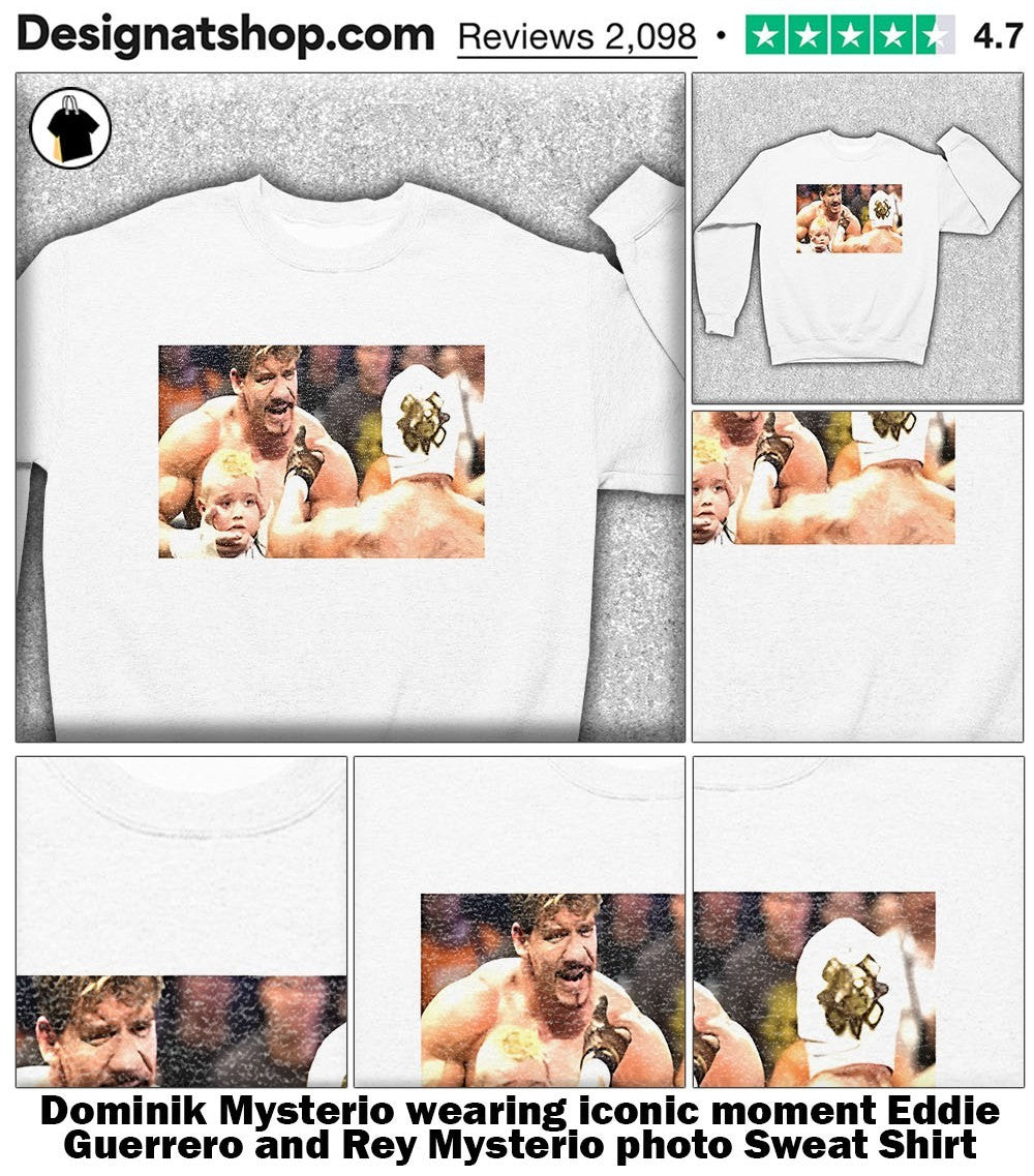 Dominik Mysterio wearing iconic moment Guerrero and Rey Mysterio photo shirt