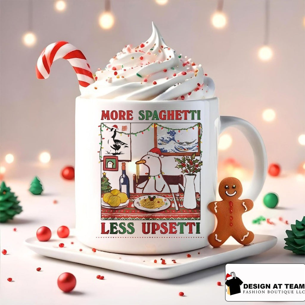 Duck eating pasta More Spaghetti Less Upsetti Xmas shirt