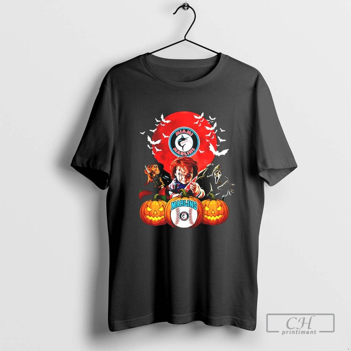 Freddy Krueger Chucky And Ghostface Moon Miami Marlins Mlb Halloween 2025 V Neck