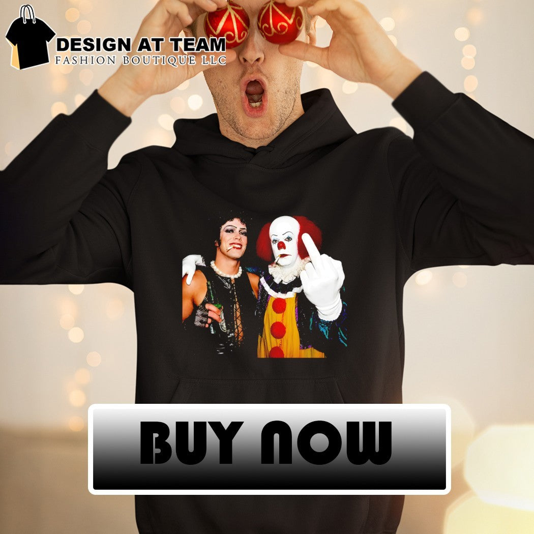 Funny Tim Curry Dr Frank N Furter vs Pennywise Clown Middle Finger shirt