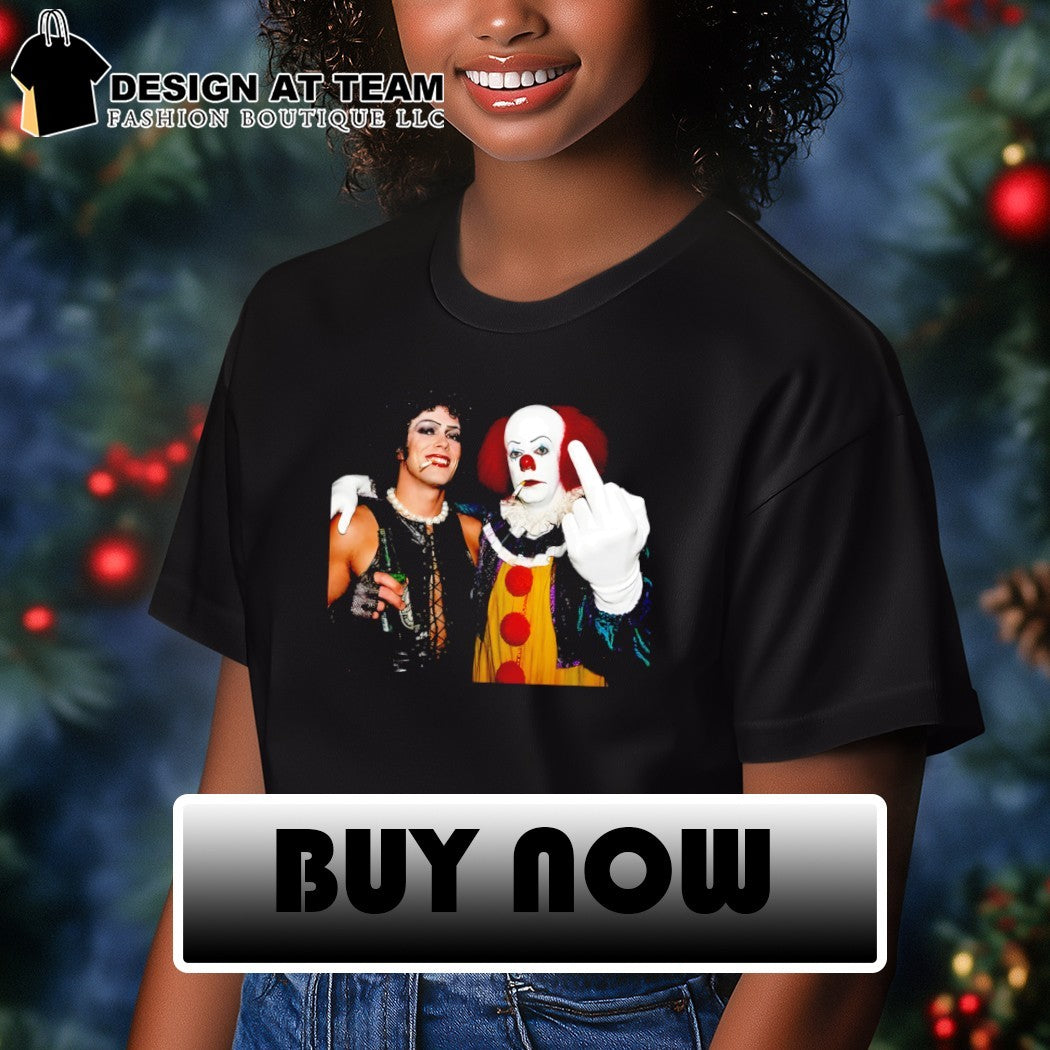 Funny Tim Curry Dr Frank N Furter vs Pennywise Clown Middle Finger shirt