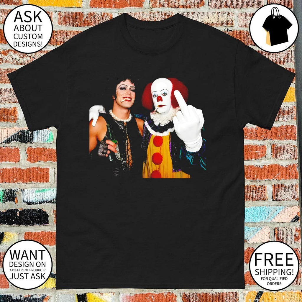 Funny Tim Curry Dr Frank N Furter vs Pennywise Clown Middle Finger shirt