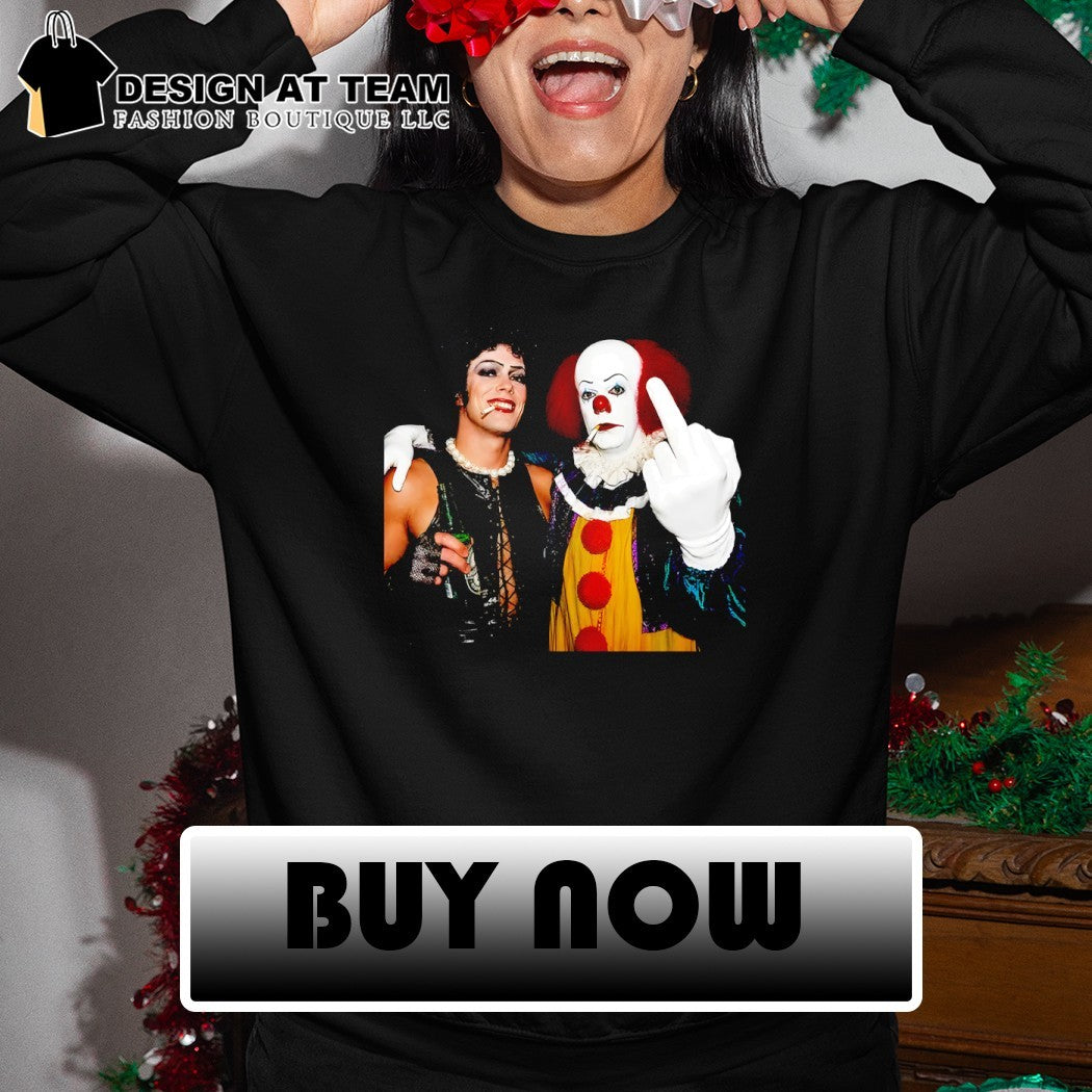 Funny Tim Curry Dr Frank N Furter vs Pennywise Clown Middle Finger shirt