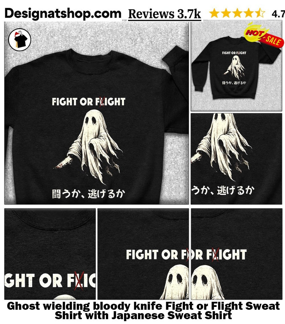 Ghost wielding bloody knife Fight or Flight shirt with Japanese shirt